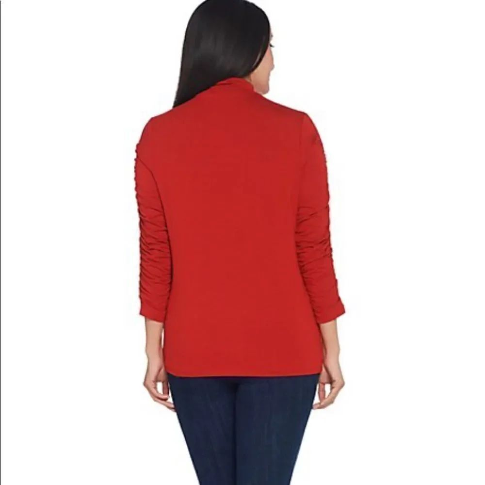 Dennis Basso Ruched Sleeves Soft Touch Mock Neck - Picture 3 of 5